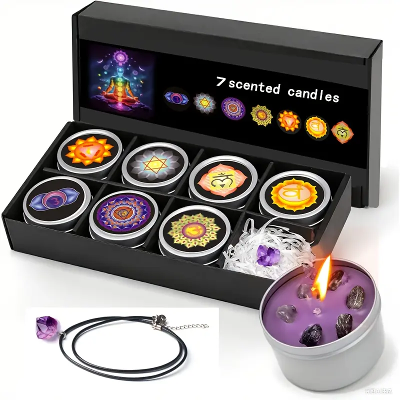 7-Pack Colorful Scented Candle Gift Set with Natural Crystal Pendant, Soy Wax Candles for Yoga, Christmas & Halloween Gifts, Aroma Candle, Home Decor, Home Accessories