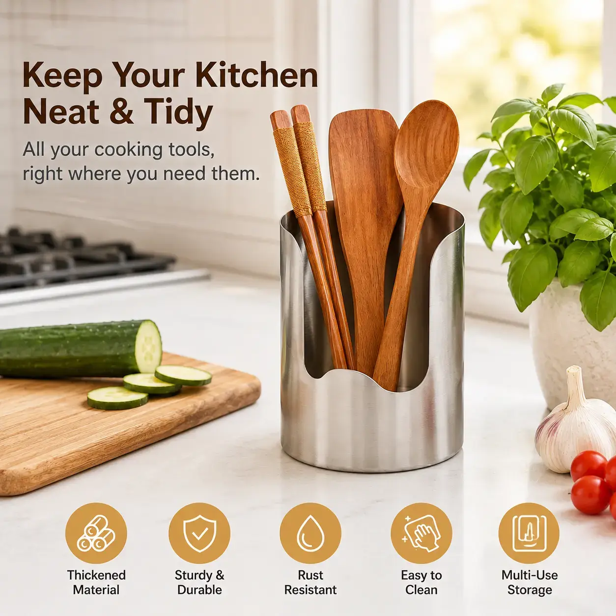 Thickened Stainless Steel Utensil Organizer, Rust Resistant Easy to Clean Multi-purpose Storage Holder for Kitchen Countertop Cutlery Metal Metal Plastic Tableware