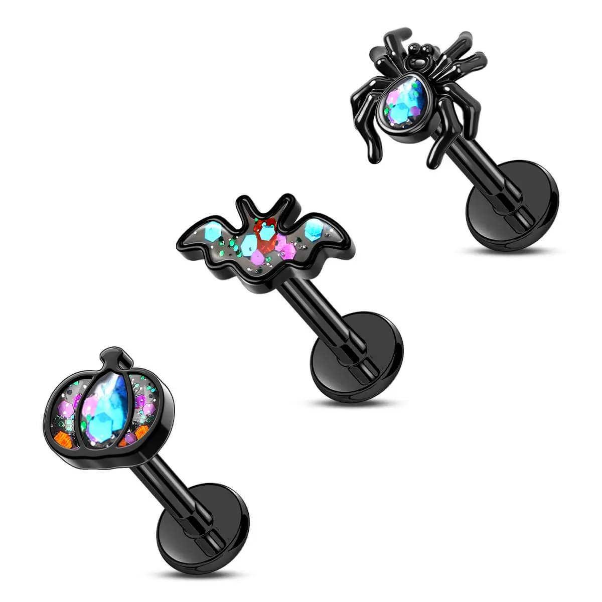 Oufer 16G 3PCS Animal Spider Bat Design Internally Threaded Studs, Female Halloween Cartilage Piercing Body Jewelry Set