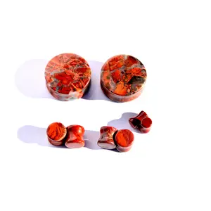 Brecciated Jasper Stone Plugs – Double Flare Natural Ear Gauges (Pair), Red and Black Plugs