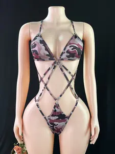 Women's Multicolor Camo Extreme Seduction Jumpsuit, Backless Strapless Sleeveless Top, All Seasons Wear, Party Sleepwear, Camouflage