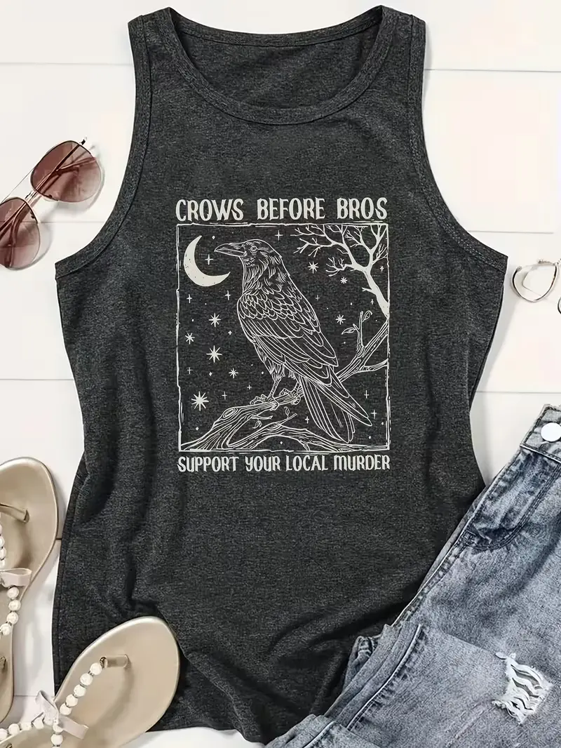 Women's Breathable Cotton-Elastane Oversized Vintage Night Crow Moon Star Graphic Heather Grey Tank Top, Dark Cottagecore Casual Outdoor Sleeveless Tank Tops