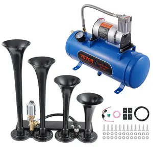 VEVOR Train Horns Kit, 4 Trumpet Air Horn Kit, 150dB Train Horns for Pickup Trucks, 12V 120 psi Air Compressor 1.6 Gal/6 L Tank with Gauge for Any 12V Vehicle Car Truck Train Van Boat