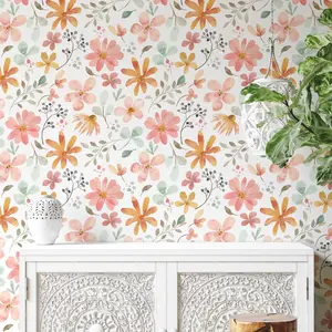 Fresh Pastel Floral Peel & Stick Wallpaper, Removable Watercolor Flower Contact Paper, Renter Friendly, Aesthetic Room Upgrade, Wedding Gift