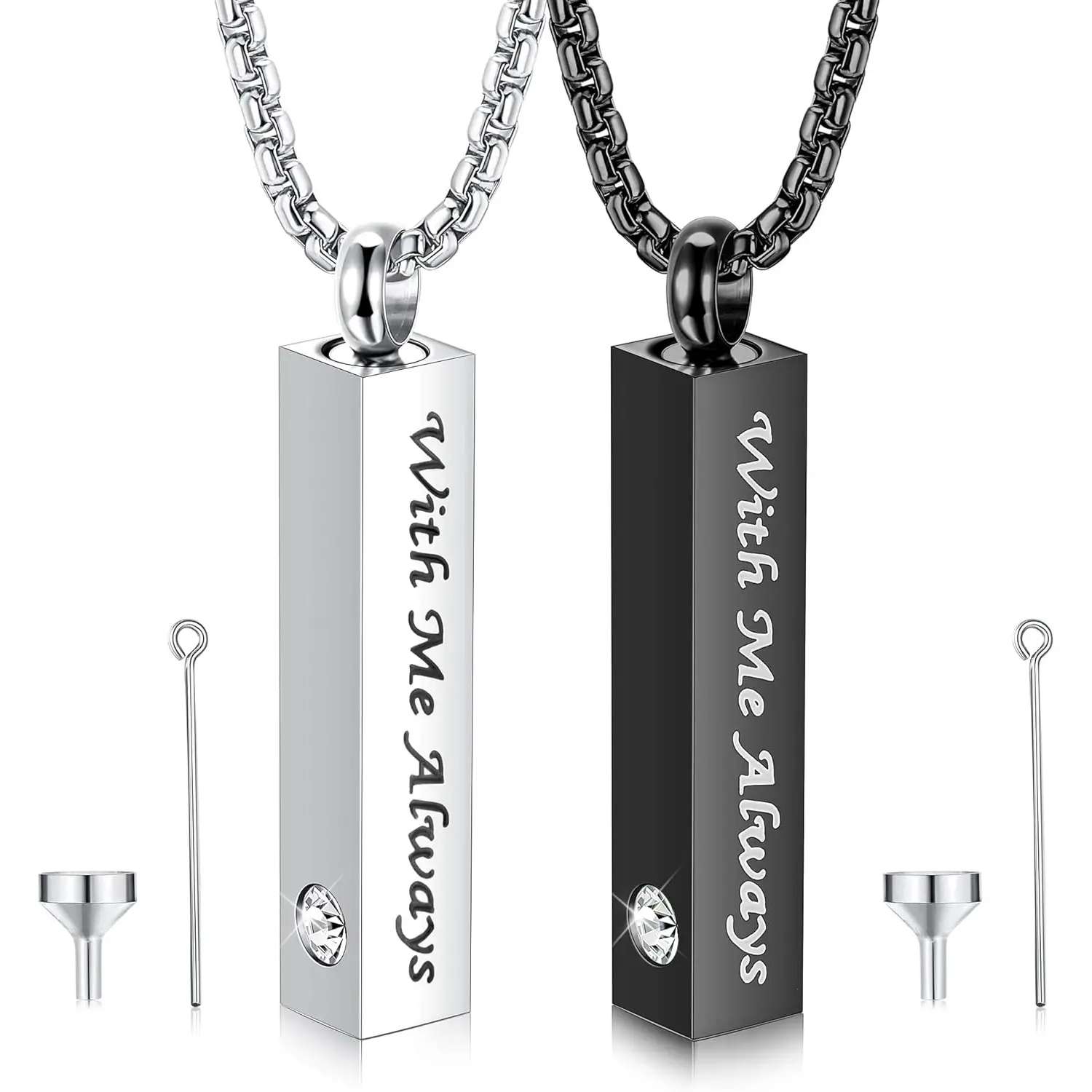 2-Piece Hypoallergenic Stainless Steel Necklace Set | Black & Silver Vertical Bar Pendants, Cremation Urn Jewelry with Engraved Text, Memorial Gifts, Minimalist Chain, Two Piece Set, Meaningful Gifts