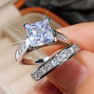 2-Piece Square Ring Set, Round-Cut Cubic Zirconia Bridal Ring, Perfect Anniversary Gift for Women
