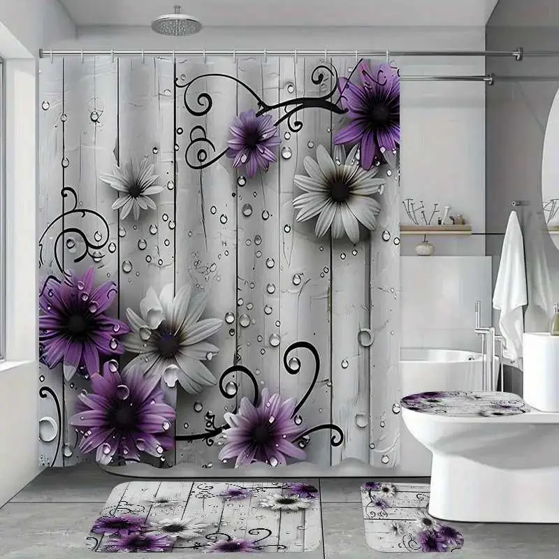 1/4 pcs Retro purple floral shower curtain set, Bathroom Shower Equipment, festive design, non-slip floor mat, U-shaped carpet, toilet lid cover, Bathroom decoration accessories, bathroom decoration, partition, 12 shower curtain hooks included