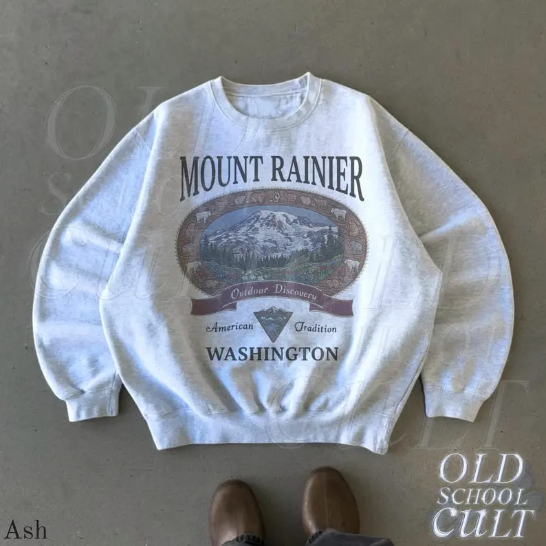 (Sale Off Up To 50%) Retro Mount Rainier Washington Sweatshirt, Vintage 90s American Tradition Pacific Northwest Crewneck, Nostalgia Hiking Old School Gift, Full Color, For Men, For Women, Casual, Classic Fashion, Tee Print