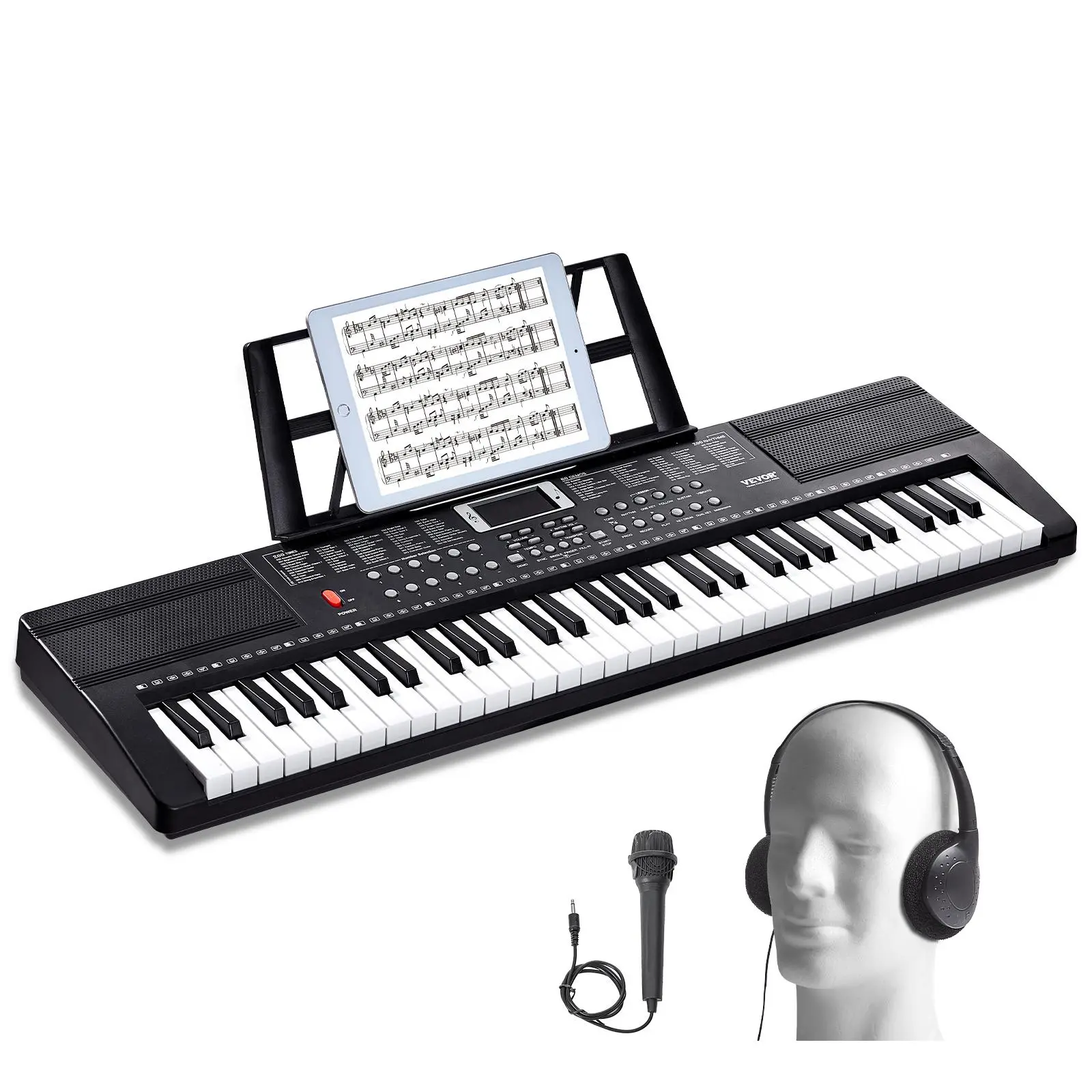 【summerfinds】VEVOR 61 Key Digital Keyboard Piano,  200 Tones 200 Rhythms, Electric Portable Piano Keyboard Kit with 60 Demo Songs Built-In Dual Speakers Headphones Microphone, Piano Stickers for Beginners Learning