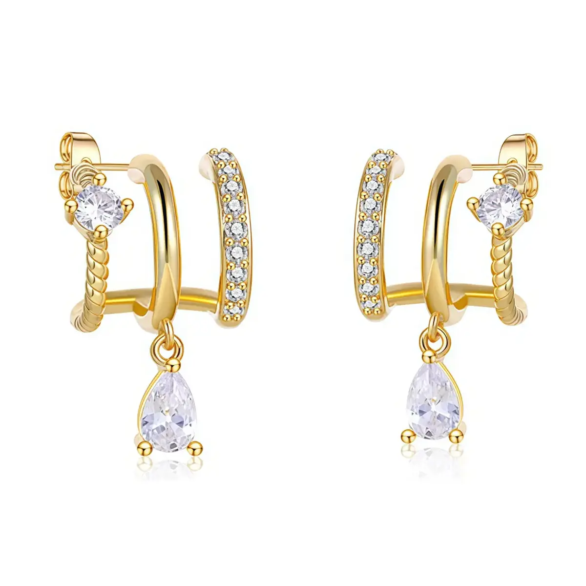 14K Gold Plated Hoop Earrings for Women, Triple Huggie Hoop Earrings for One Hole, Trendy Hypoallergenic Claw Ear Cuff Earring Jewelry Gift for Women