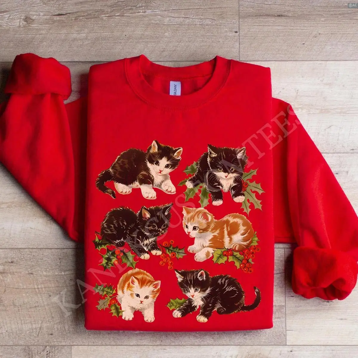 Vintage 90s Cat Christmas Sweater, Cat Christmas Sweatshirt, Cute Cat Shirt, Retro Christmas Tshirt, Cat Lover Shirt, Cat Christmas Gift Print Tee