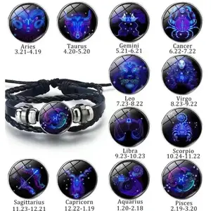 Personalized Zodiac Sign Bracelet Manifestation Black Leather Glow at Night for Women Trendy Valentine's Day Gifts CouplesBracelets