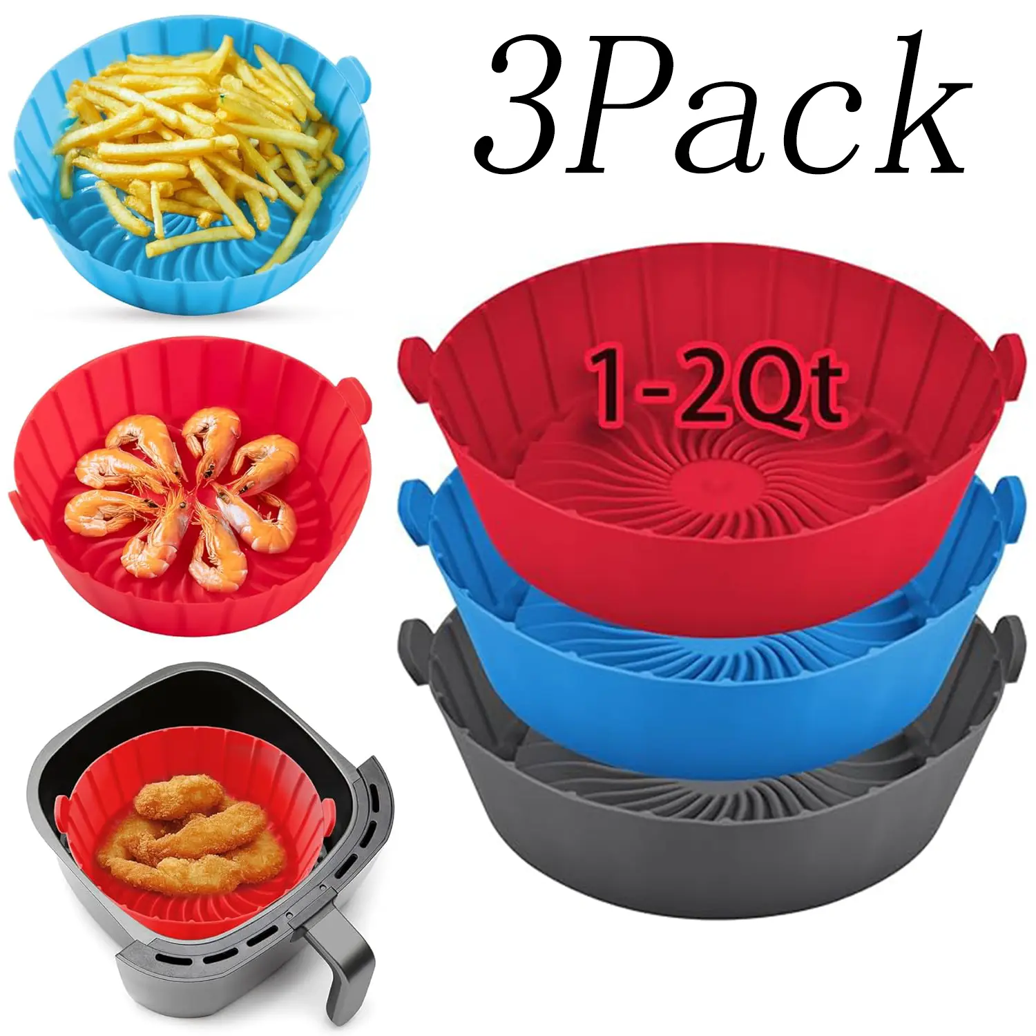 3 Pack Eco-Friendly Reusable Non-Stick Silicone Air Fryer Liners - 2-6 Qt, Raised Bottom Kitchen Bakeware Accessories for Small Air Fryers, Instant Vortex, Effortless Cleanup