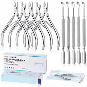 Lothee 10 Pack Cuticle Trimmer with Pusher 200 Count Self Sealing Sterilization Pouches, Professional Stainless Steel Cuticle Nipper Remover Cutter Manicure Pedicure Tools Kit for Home Salon Nail Care