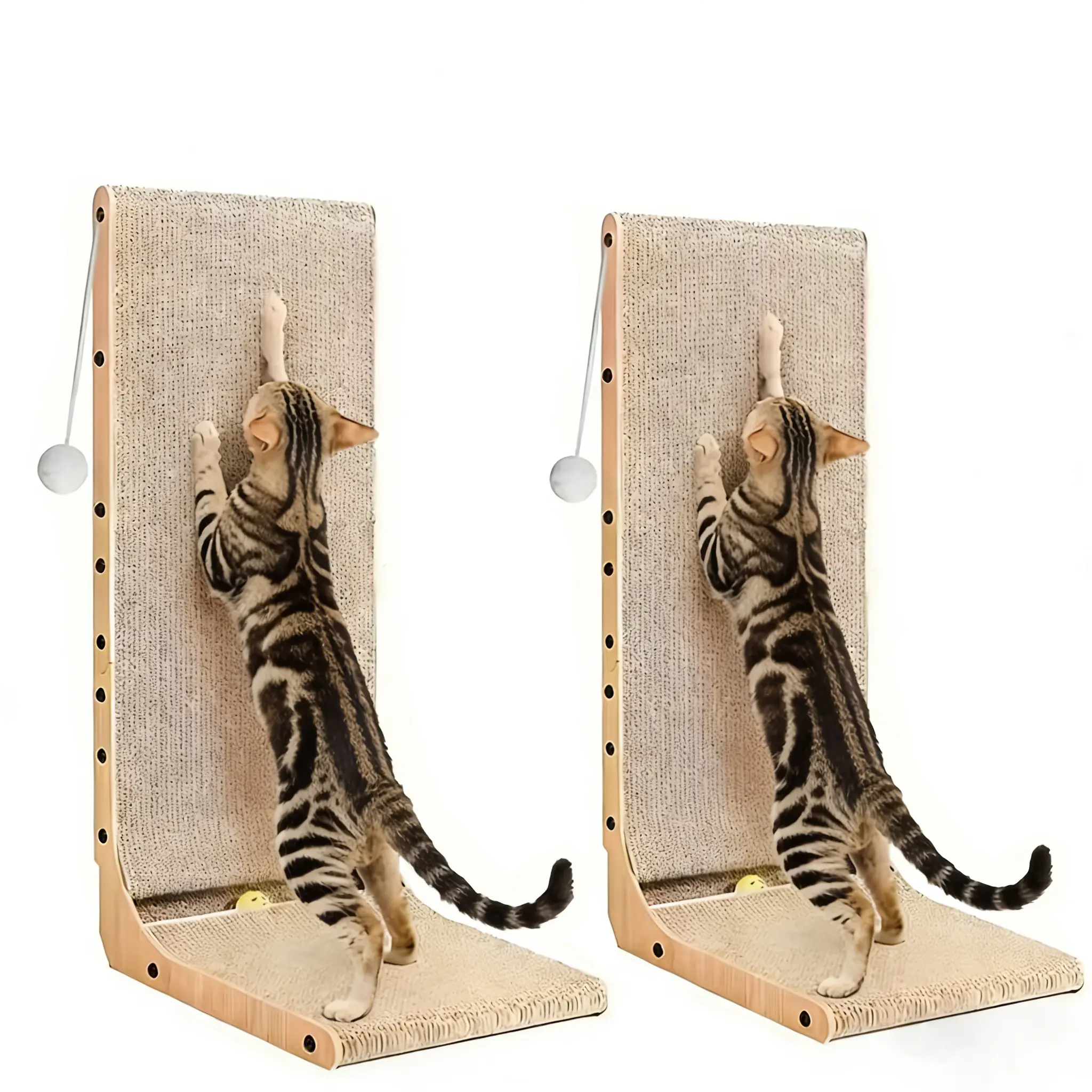 Cat Scratcher 2PCS L-Shaped Wall Mount Furniture Protector 24 Inch Vertical Reversible Corrugated Cardboard Scratch Pad with Interactive Ball Toy, Sturdy Easy Assembly Light Wood Striped Design for Indoor Cats
