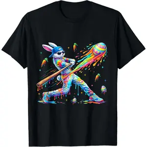 Boys' Funny Dripping Rabbit Animal Graphic Tee, Cute Bunnies Easter Baseball Graphic Tee Shirt for Kids' Sleepwear