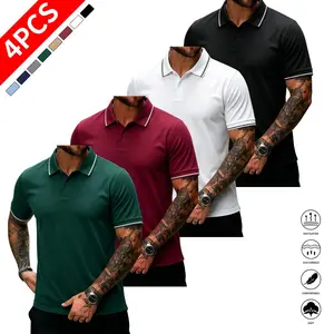 Men’s 4-Piece Polo Set – Men’s casual polo shirt, solid color button-up basic, versatile, men’s bowling/golf clothing, suitable for everyday wear, summer business style Menswear Top