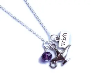 Magic Lamp Necklace with Purple Crystal Bead Silver Magic Lantern Charm & "Wish" Charm Unisex Silver-Plated Nickel-Free Chain