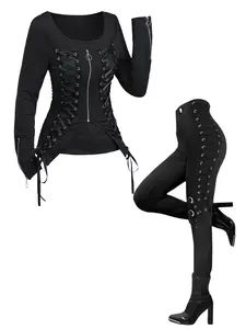 DRESSLILY 2025 Gothic Women Outfit Lace Up Zip Square Neck Top and Grommet Pants Set Autumn Matching Outfits