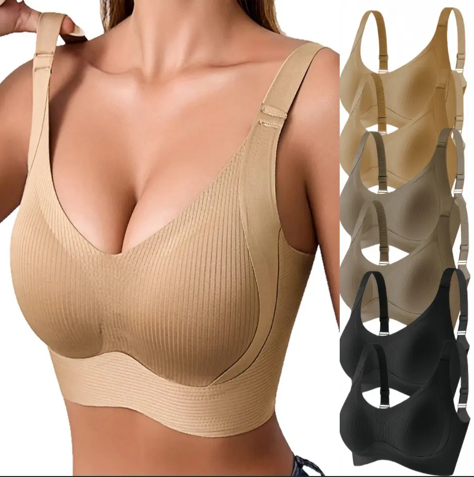 Women's 6-Pack Seamless Wireless Push Up Bras - Solid Ribbed, Adjustable Wide Straps, Soft Breathable Lightweight Comfortable Smooth Basic, Non-Transparent Magnet-Free Lift-Up Everyday All-Season Minimalist Style Lingerie Ideal Gift, Push Up Bras For Wome