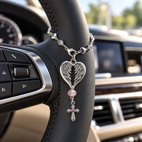 Women's Silver Angel Wings Heart Car Charm with Cross, Pink Crystal & Rhinestones - Cute Car Decor, Steering Wheel Hanging Ornament, Rhinestone Heart Chain Auto Interior Accessory Gift