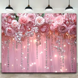 Pink hanging flower wall photography backdrop, Party background decoration, Polyester fabric backdrop, suitable for photo booths, parties, as well as indoor and outdoor home birthday party decoration, home decoration