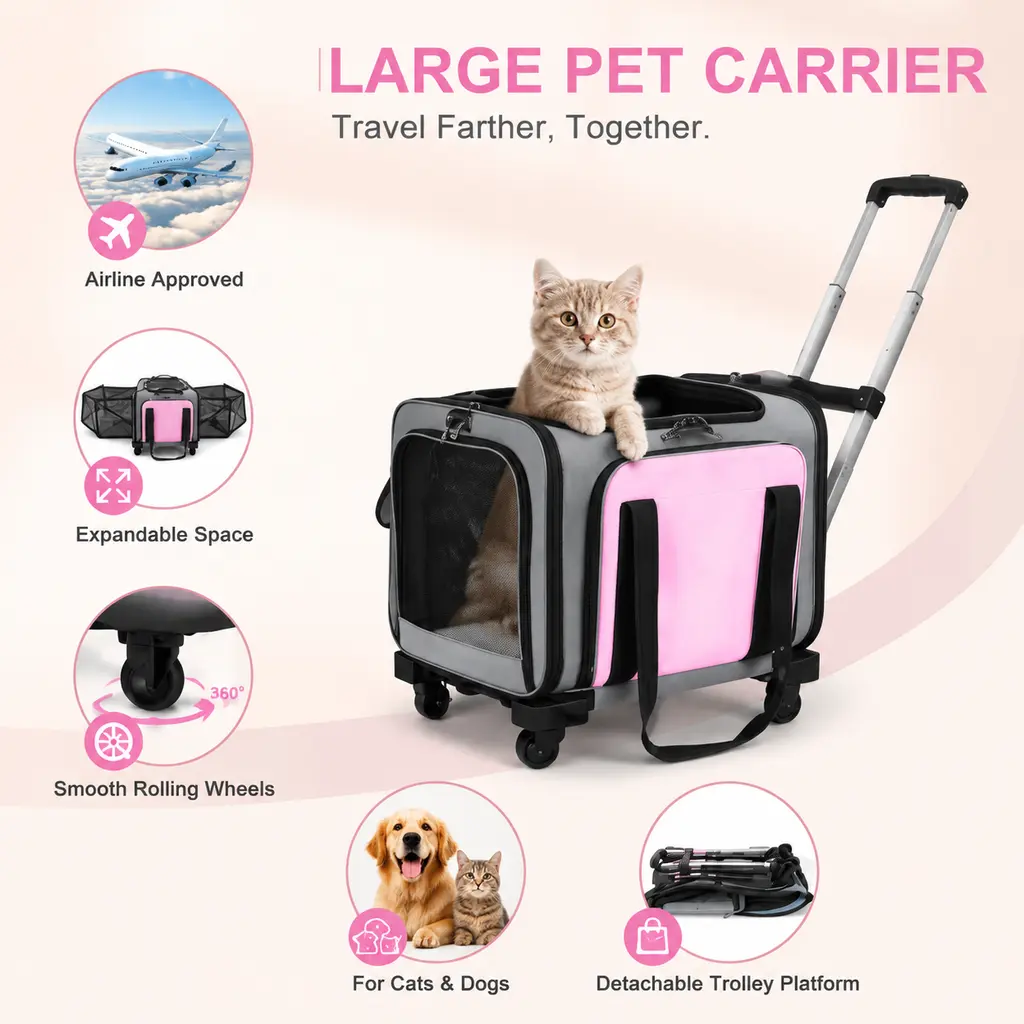 Pink Rolling Cat Carrier Airline Approved, Expandable Pet Travel Carrier with Wheels & Removable Pole Platform, Upgraded Wheeled Carrier for Large Dogs and Cats