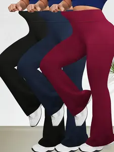3-Pack Women's Business Casual Elegant Flared Bell-Bottom Pants - Solid Color High-Rise Medium-Stretch Trousers, Wide-Leg Office Wear, Machine Washable, Full-Length Loose-Fit Workout Trousers with Elastic Waist, Pants Suitable for Gym, Running, Yoga