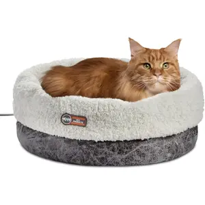 Heated Indoor Cat Bed, Thermo-Snuggle Cup Bomber Soft Heated Pet Bed for Large Indoor Cats and Small Dogs, Machine Washable, Waterproof Heated Pad, Safety Listed - 18 X 14in Gray