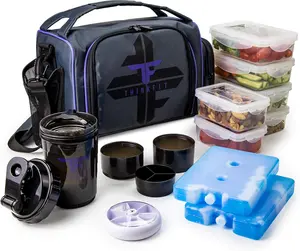Thinkfit Insulated Meal Prep Lunch Box with 6 Food Portion Control Containers - Bpa-Free, Reusable, Microwavable, Freezer Safe - with Shaker Cup, Pill Organizer, Shoulder Strap & Side Pocket (Purple) ThinkFit
