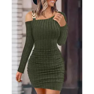 Women's One Shoulder Tight A-line Dress Ribbed Knitted Ruffle Mini Dress Long Sleeve Slim Knitted Fabric Gold Chain Belt Asymmetric Collar Autumn/Winter Party Bunch Elastic Waist Embrace Solid Color Soft Girl Fashion Trendy SetRAIMENTRY
