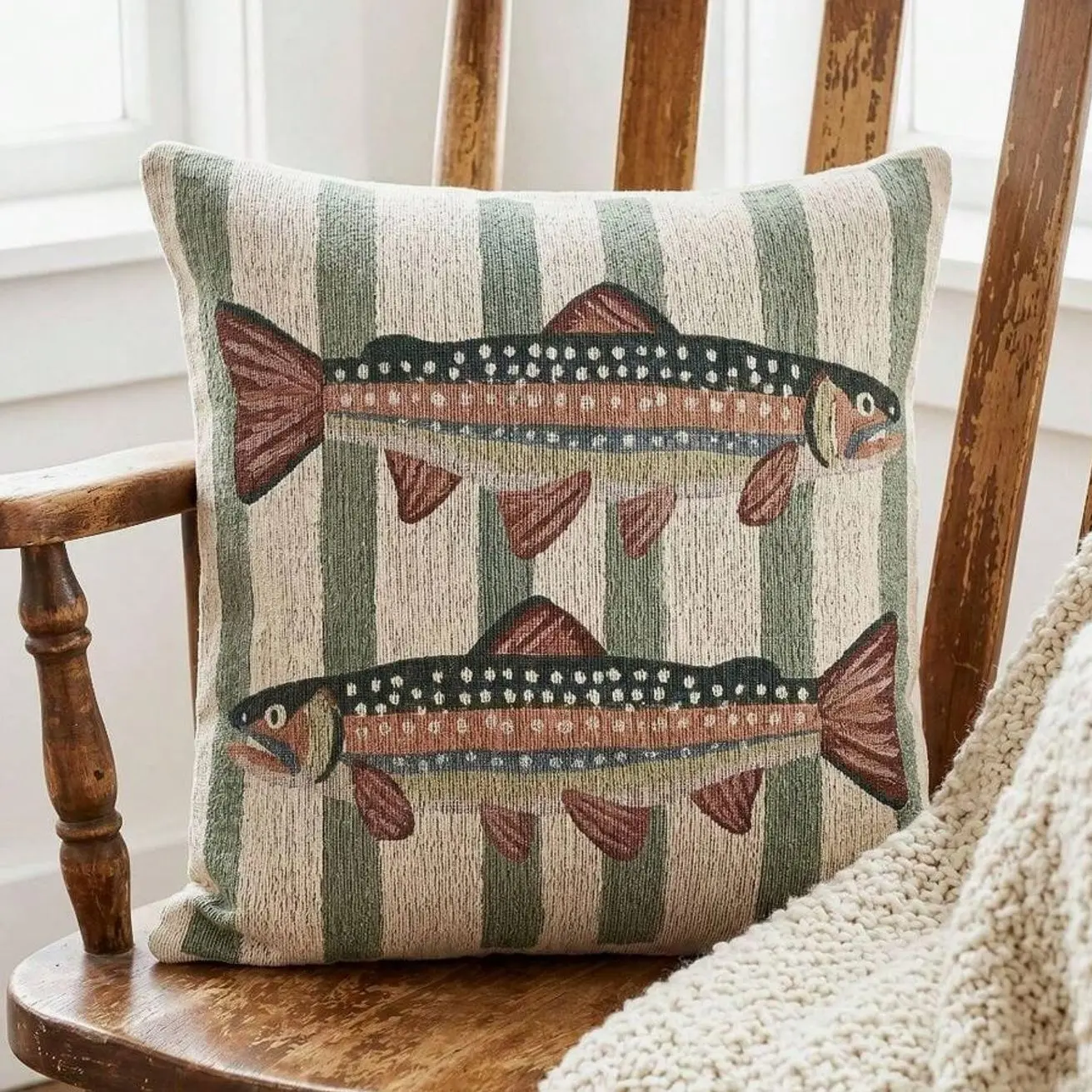 Rainbow Trout Throw Pillow, 18x18 Inch Fishing Cushion, Faux Linen Fish Cabin Decor, Rustic Lodge Lake House Accent Pillow,Gift for Anglers