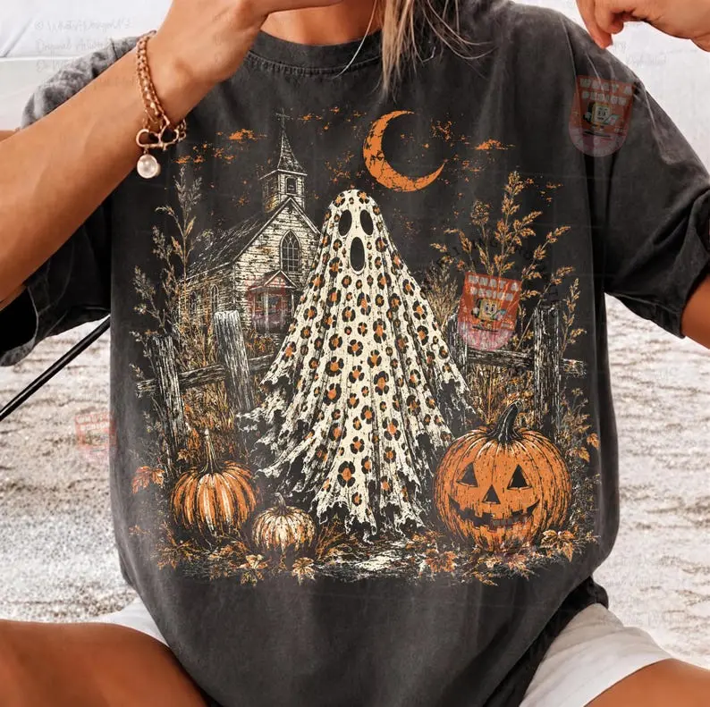Comfort Colors Fall Leopard Ghost Shirt, Pumpkin Patch Ghost Graphic Tee, Farmhouse Halloween T-Shirt, Retro Spooky Season Fall Apparel