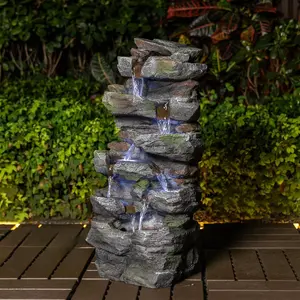 23.62" H Compact Rock Cascading Water Fountain with LED Lights, 6-Tier Outdoor Weather-Resistant Resin Waterfall Feature, Realistic Stone Fountain for Tabletop Small Patio Balcony Porch Home Decor Garden Accessories Waterfountain