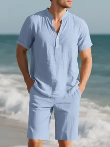 Men's Linen Short Sleeve and Shorts 2-Piece Set, Fashion Deep V-Neck Cuban Shirt and Shorts for Summer Beach Wear, Comfortable Lightweight Fabric Perfect for Relaxed Outings and Vacations