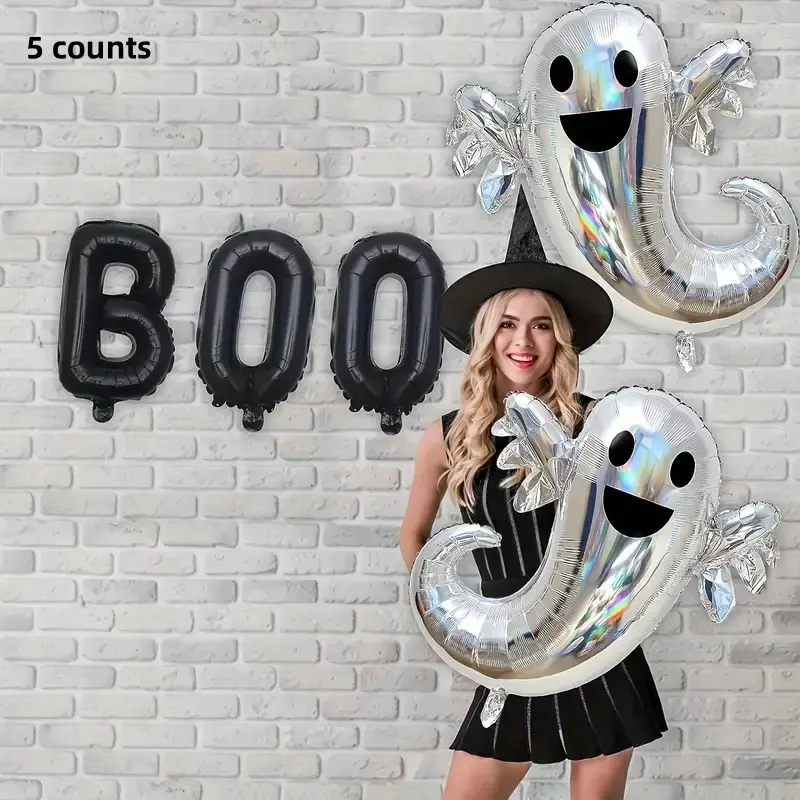Halloween Party Decorations, 5pcs Aluminum Foil Balloons, Ghost Shape, Perfect for Birthday & Halloween Parties, Durable Design