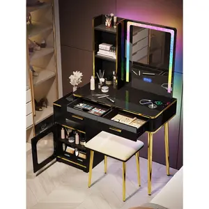 New 2024  Kasibie RGB LED Set Mirror and Lights Vanity Table USB Wireless Charging Station Makeup Desk with Visible Drawers Hidden Open Storage Shees Indoor Furniture