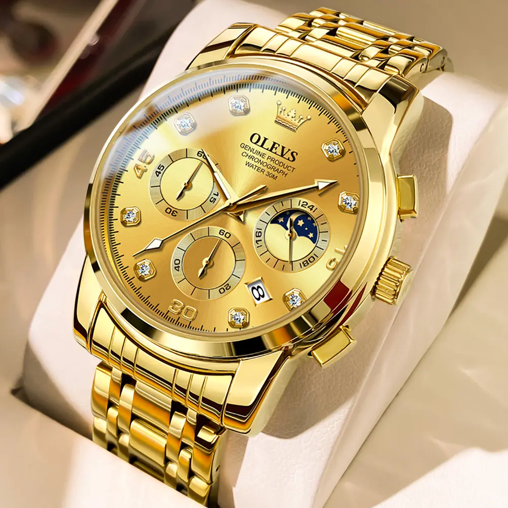 OLEVS Men's Gold Watches For Men 42mm Dial Silver Case 30m Waterproof Calendar Moonphase Chronograph Date Analog Quartz Men's Gift