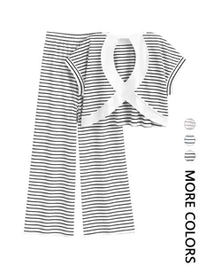 2-Piece Black & White Stripe Cross Back Crop Top & Wide Leg Pants Set - Soft Loungewear & Casual Outfit for Home and Daily Wear , Striped Cutout Top & Pants Matching Set - Ideal for Lounging, Casual Outings, and Brunch