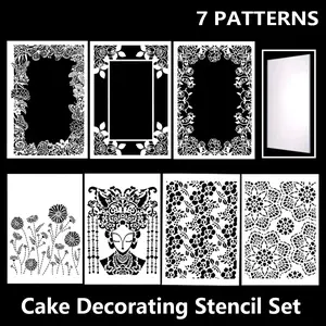 7-Piece Cake Decorating Stencil Set with Custom Border & Expressive Patterns, Includes Acrylic Cake Scraper & Storage Bag