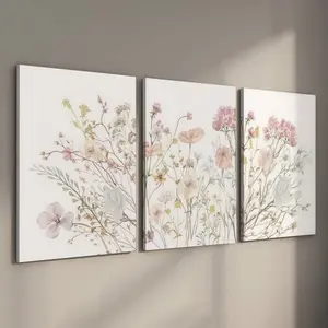 3Pcs Stretched Canvas Wildflower Wall Art, Hand-Wrapped Meadow Floral Prints Print Design, Floral Aesthetic Pattern, Wooden Inner Frame Botanical Decor, Gallery Wrapped Boho Flower Pictures for Nursery Living Room, 12x16in Ready to Hang