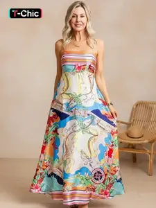 Women's All-Over Print Cami Dress, Boho Casual Sleeveless Spaghetti Strap Flared Dress for Beach Holidays and Vacations, Ladies Spring, Summer & Fall Dress, Womenswear
