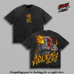 Kyojuro Rengoku Demon Slayer Vintage Washed Anime Graphic Tee Flame Hashira Manga Streetwear Oversized Heavy Cotton T-Shirt Kimetsu No Yaiba Fire Breathing Unisex Anime Fan Gift