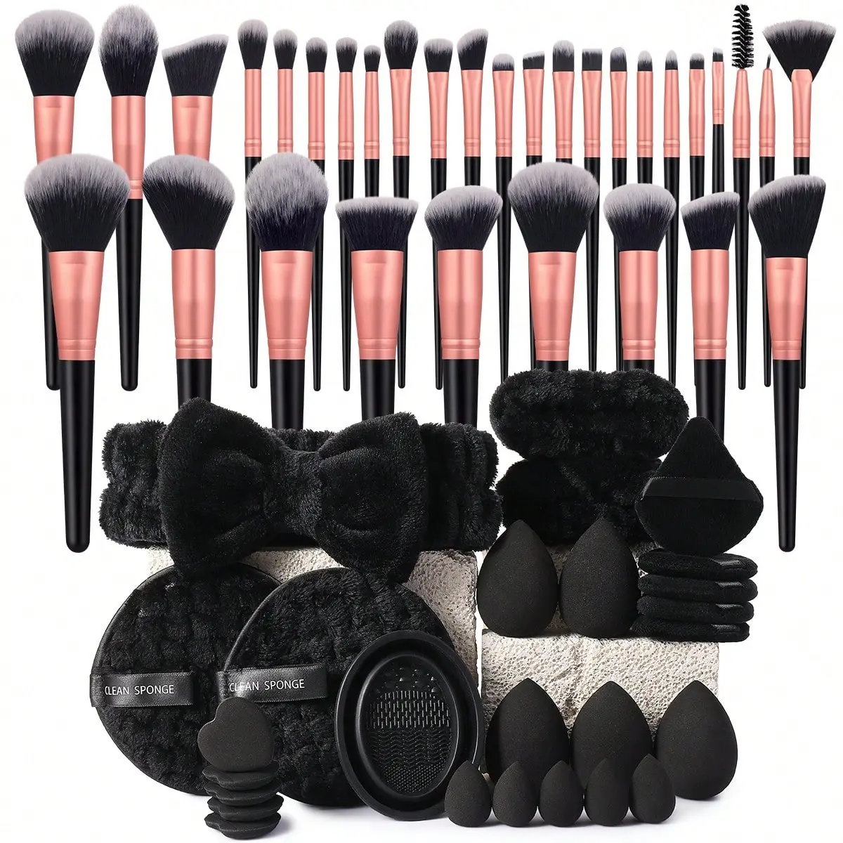 58PCS All-in-One Makeup Tools Set, 32PCS Professional Makeup Brushes, Makeup Sponges, Mini Sponges, Triangle & Mini Air Cushion Powder Puffs, Facial Cleansing Sponges, Hairband, Hand Bowl Straps and Brush Cleaning Tool, Travel Essentials