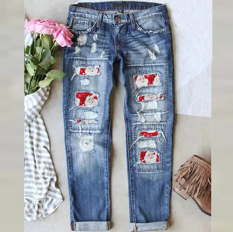 Women's 2025 New Winter Christmas Santa Claus Printed Denim Pants, Streetwear Classic Casual Fashion Thick Straight Long Jeans with Tear-Off Design, Blue Festive Fabric, Trouser, Festival, Button, Street Wear, Tear-Off Patch