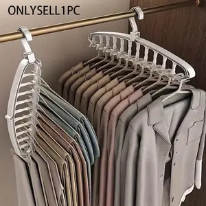 11-Hole Foldable Curved Shape Clothes Hanger Organizer, Space Saver Hangers, Multi-Functional Anti-Slip Lightweight Plastic Wall-Mounted Closet Storage System, 3.2 Cubic Feet Capacity