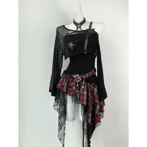 Gothic Hot Girl American Fashion 2 Piece Set Women Black Blouse + Chic Irregular Dress New Pure Desire Slim Vintage Suit Summer