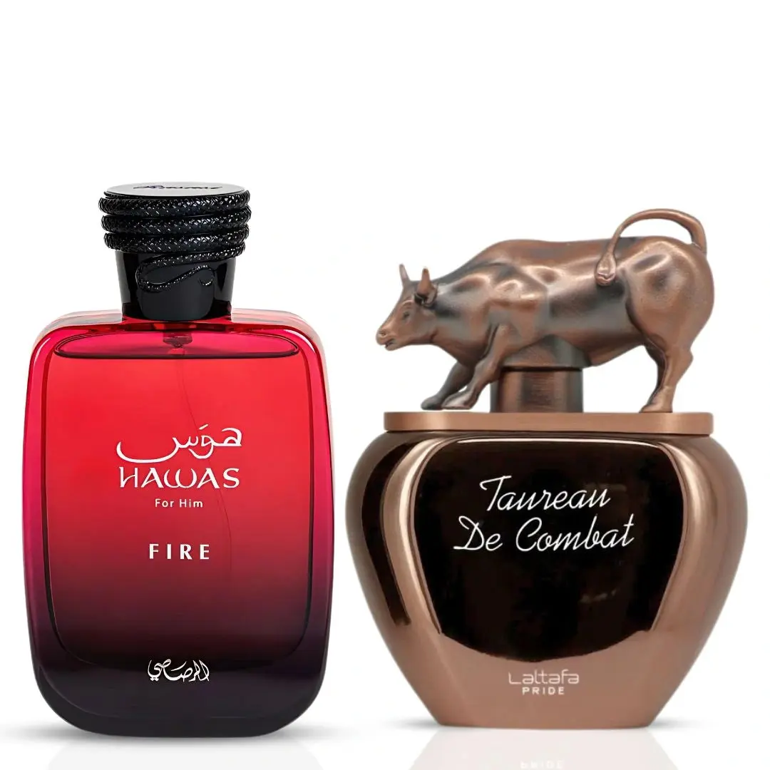 Hawas Fire for Men by Rasasi & Taureau De Combat by Lattafa Pride - Eau de Parfum Sprays 100ml (Bundle)