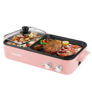 Topwit Hot Pot Electric with Grill, 2 in 1 Indoor Non-stick for Steaks, Shabu Shabu, Noodles, Simmer and Fry, Korean BBQ Grill, Independent Dual Temperature Control