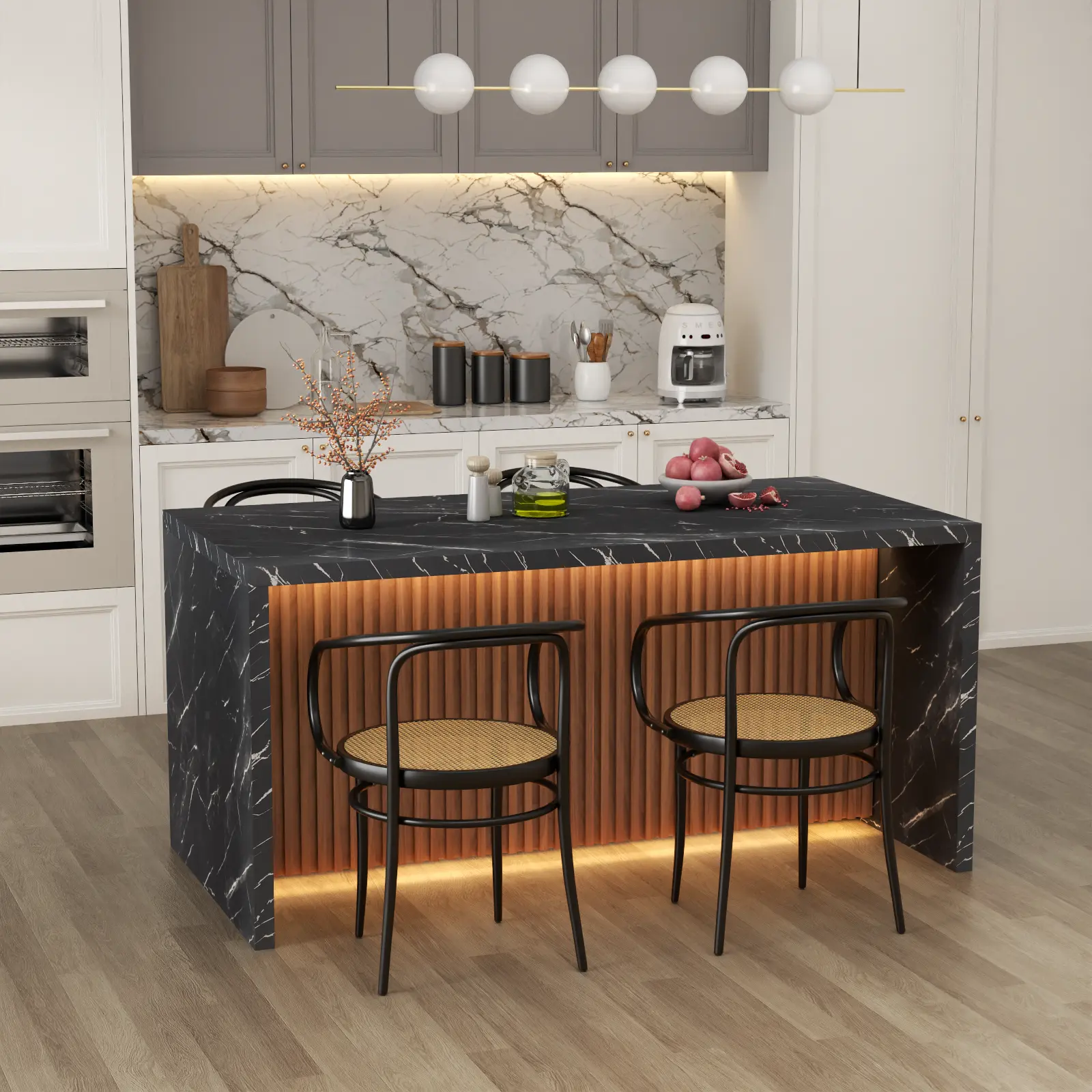 Loomie 63"  Large Imitation Marble Dining Table for 4-6 People, Island Table with LED Lights, Mordern Marble Stripes Dining Table with Grille design for Dining Room, Living Room, Easy Assembly kitchen island